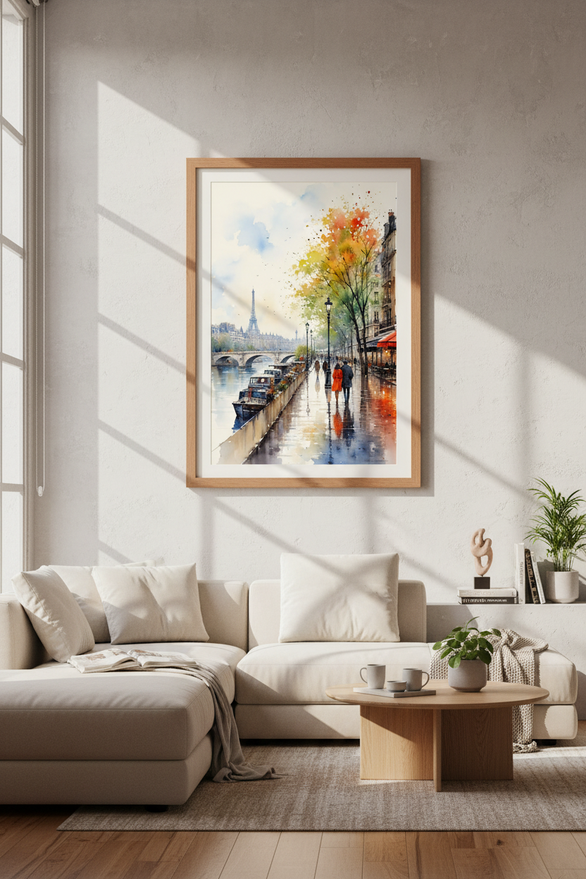Paris Eiffel Tower Watercolor Print | Autumn Cityscape, Romantic Bedroom Wall Art Decor
