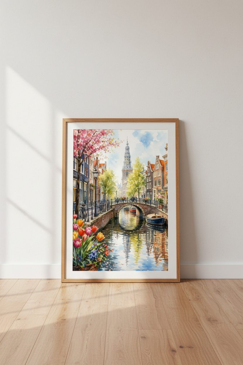 Amsterdam Canal Watercolor Art | Dutch Cityscape Poster, Travel Decor