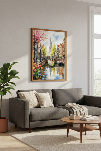 Amsterdam Canal Watercolor Art | Dutch Cityscape Poster, Travel Decor