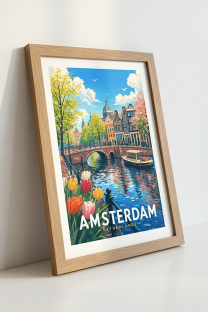 Amsterdam Canal Travel Poster | Vibrant Dutch Cityscape Print | European Aesthetic Wall