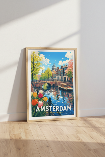 Amsterdam Canal Travel Poster | Vibrant Dutch Cityscape Print | European Aesthetic Wall