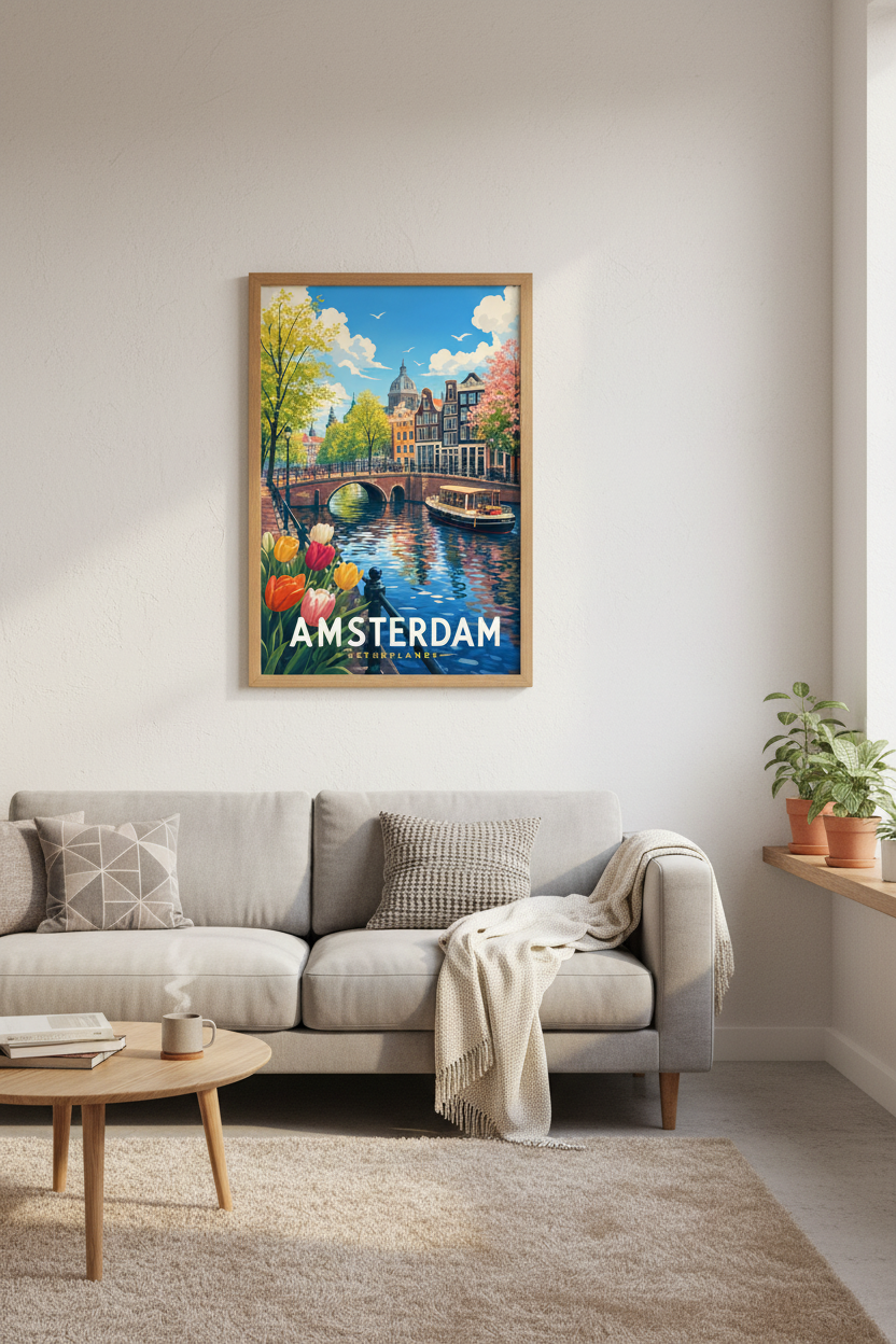 Amsterdam Canal Travel Poster | Vibrant Dutch Cityscape Print | European Aesthetic Wall