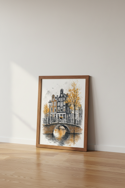 Amsterdam Canal Watercolor Art | European Cityscape Decor | Fall Landscape Poster