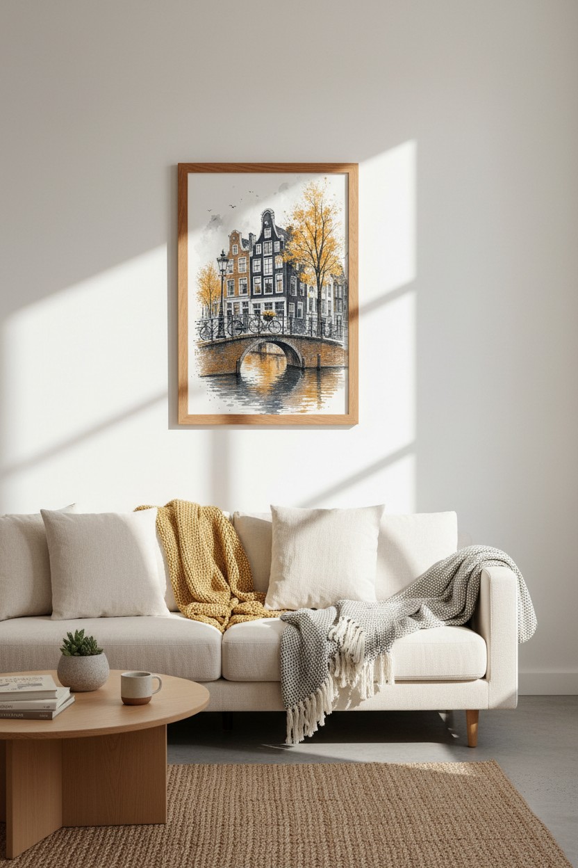Amsterdam Canal Watercolor Art | European Cityscape Decor | Fall Landscape Poster