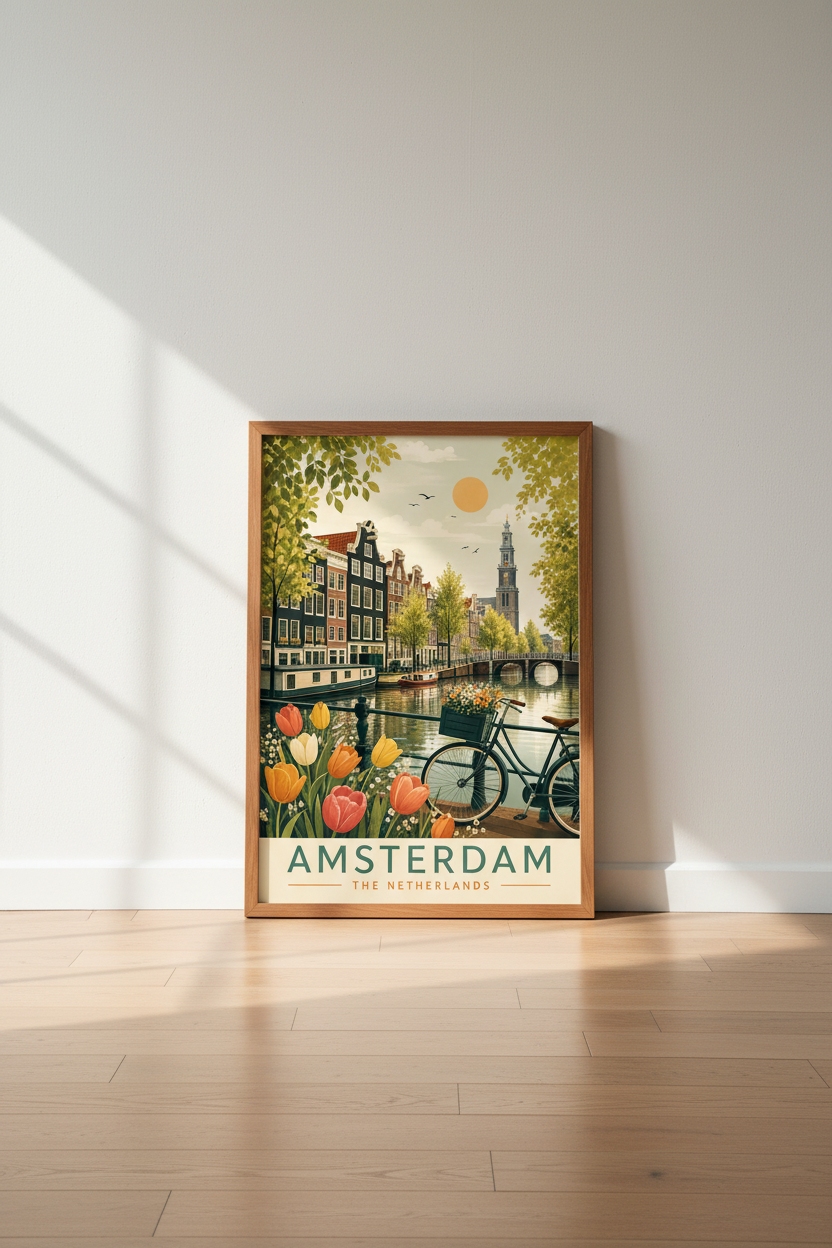 Amsterdam Canal Travel Poster | Retro Dutch Cityscape, Living Room Decor