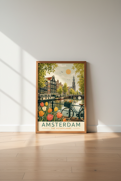 Amsterdam Canal Travel Poster | Retro Dutch Cityscape, Living Room Decor