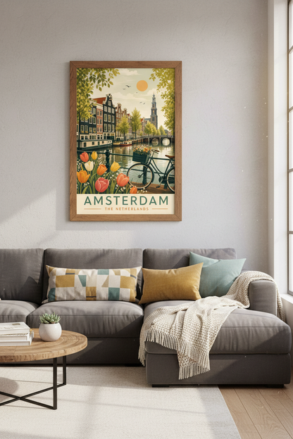 Amsterdam Canal Travel Poster | Retro Dutch Cityscape, Living Room Decor