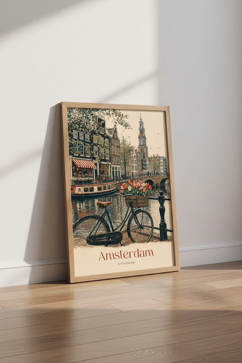 Amsterdam Canal | Vintage City Travel Poster, Floral Bike Wall Art Print