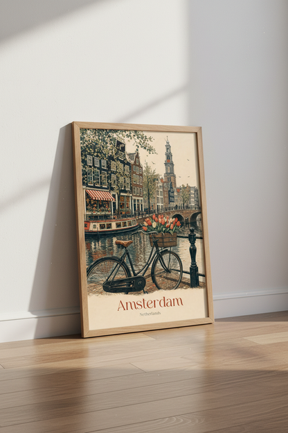 Amsterdam Canal | Vintage City Travel Poster, Floral Bike Wall Art Print