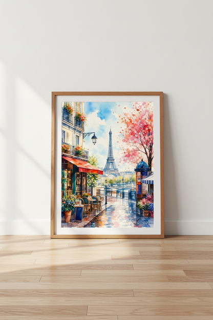 Paris Street Watercolor Art | Eiffel Tower Cafe Print, French Travel Decor