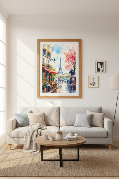 Paris Street Watercolor Art | Eiffel Tower Cafe Print, French Travel Decor