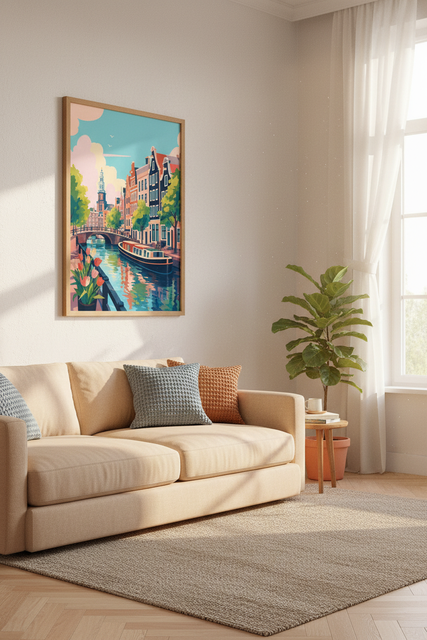 Amsterdam Canal Wall Art Print | Travel Poster Decor | Vibrant Dutch Scene
