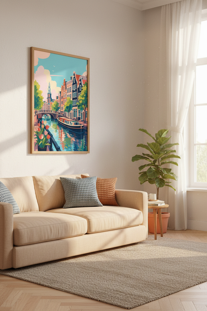 Amsterdam Canal Wall Art Print | Travel Poster Decor | Vibrant Dutch Scene