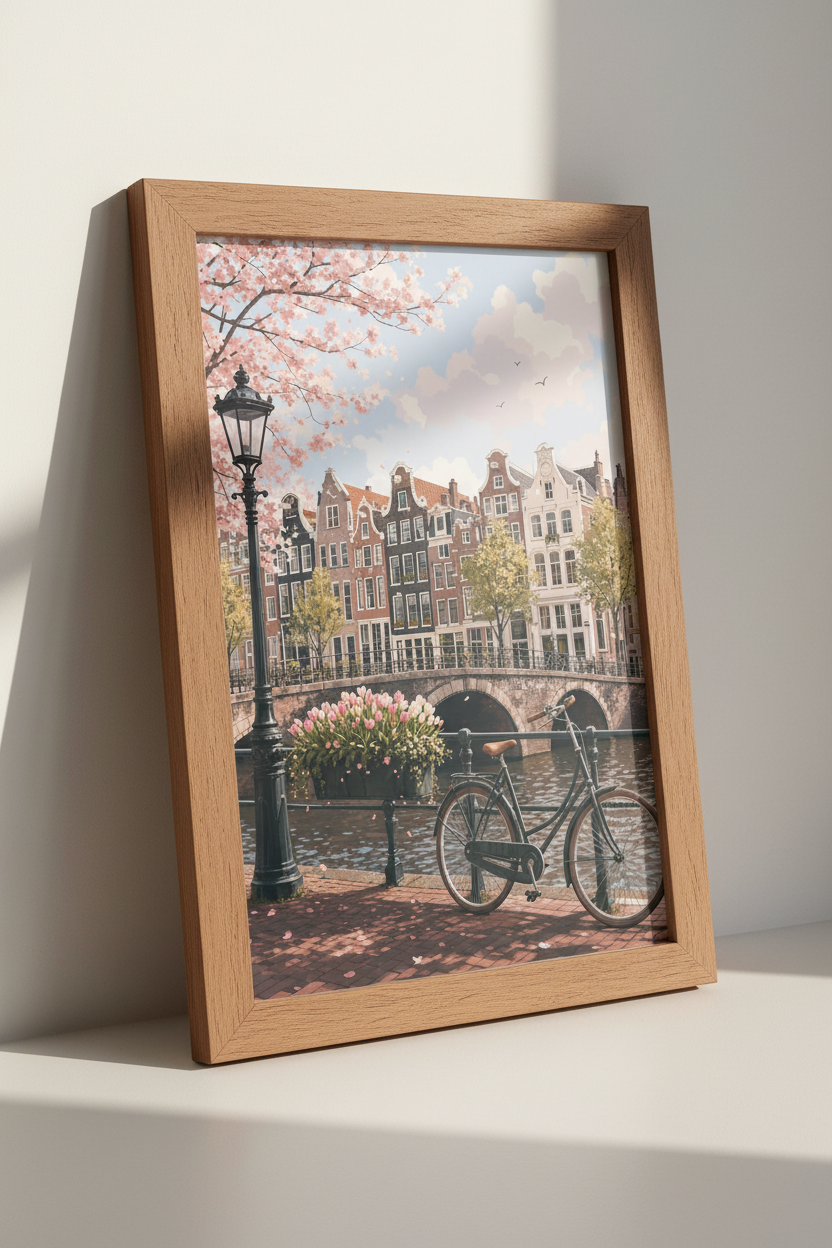 Amsterdam Canal Cityscape | Pink Cherry Blossom Style, Living Room Decor Art