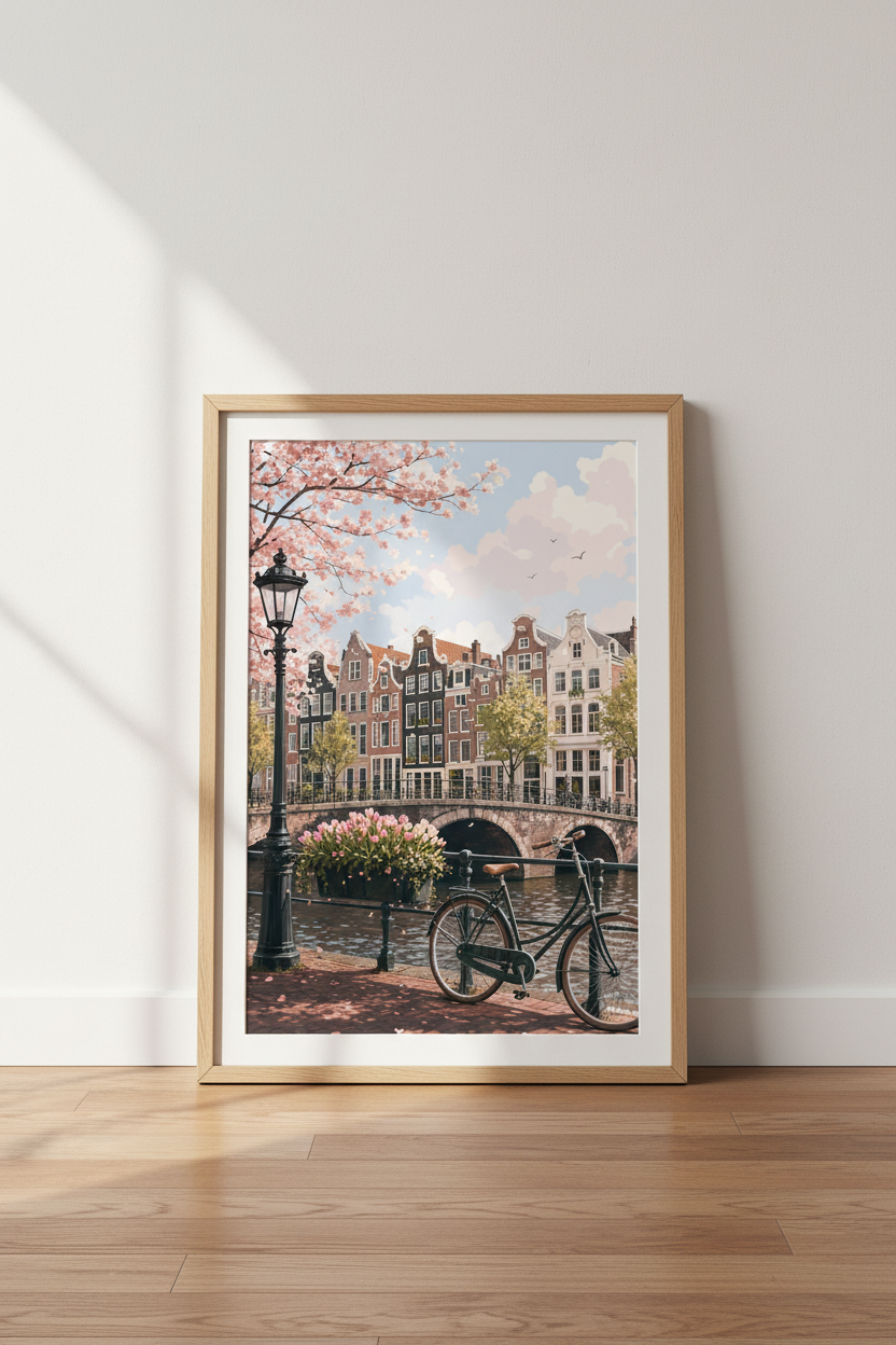 Amsterdam Canal Cityscape | Pink Cherry Blossom Style, Living Room Decor Art