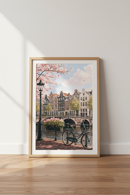 Amsterdam Canal Cityscape | Pink Cherry Blossom Style, Living Room Decor Art
