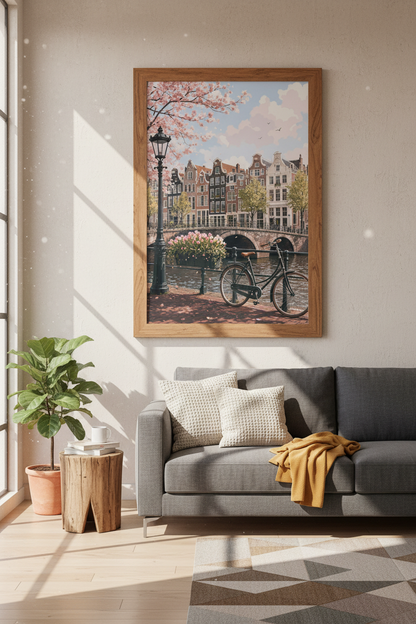 Amsterdam Canal Cityscape | Pink Cherry Blossom Style, Living Room Decor Art