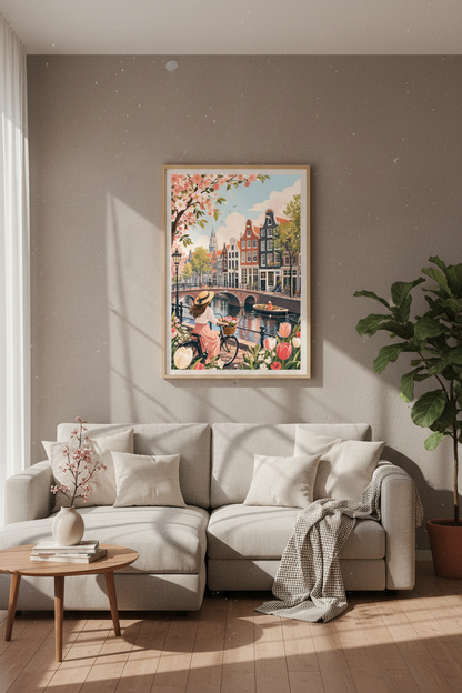 Amsterdam Canal Wall Art | Pastel Spring Cityscape, European Travel Poster