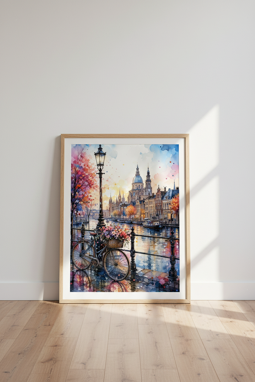 Amsterdam Canal Watercolor Wall Art | European Cityscape Print, Living Room Decor