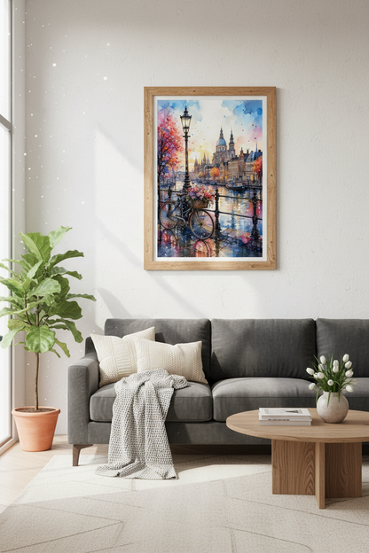 Amsterdam Canal Watercolor Wall Art | European Cityscape Print, Living Room Decor