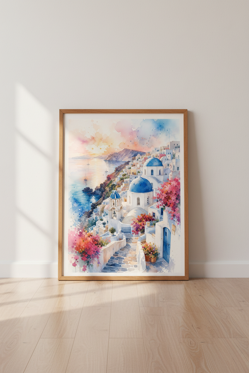 Santorini Greece Wall Art | Watercolor Coastal Poster, Blue Dome Sunset Decor