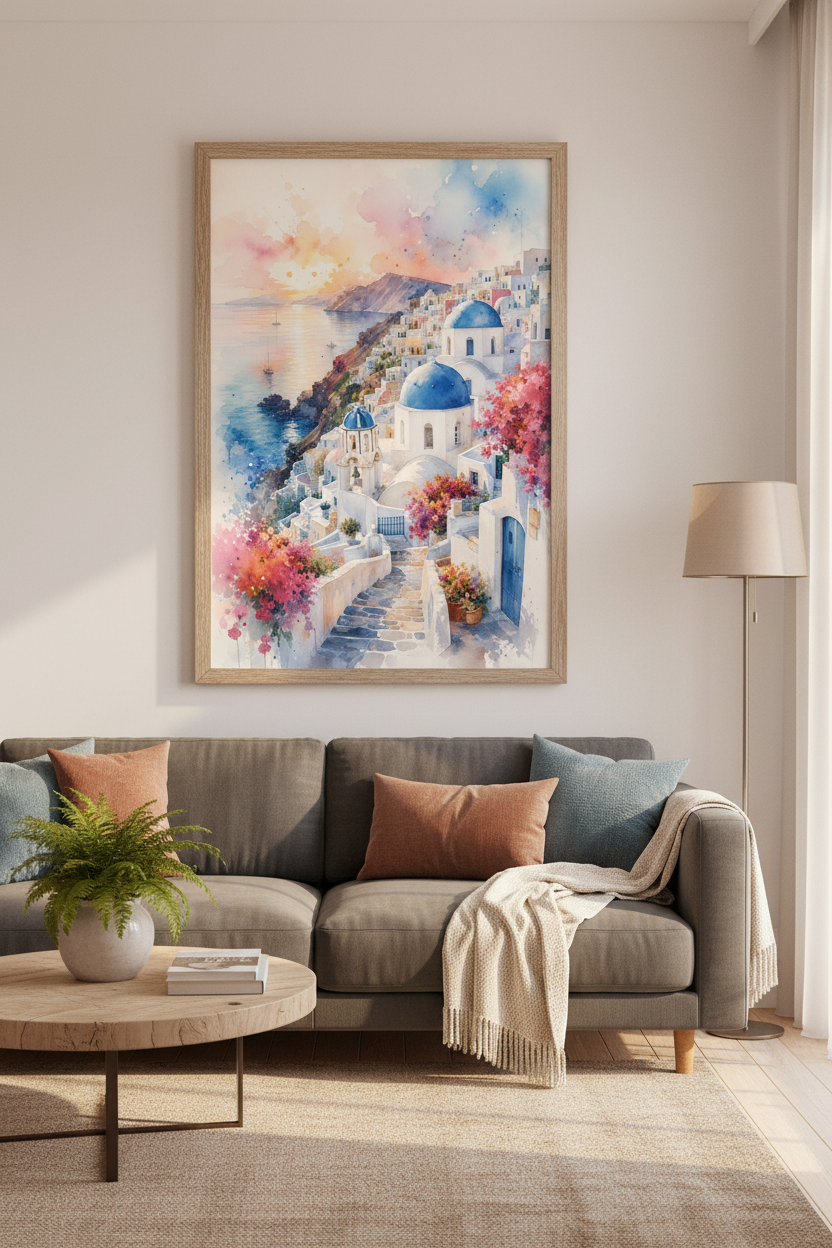 Santorini Greece Wall Art | Watercolor Coastal Poster, Blue Dome Sunset Decor