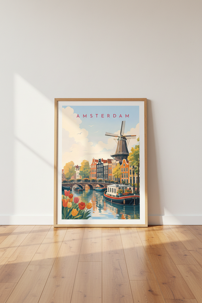 Amsterdam | Vintage Travel Poster, Dutch Canal &amp; Windmill Wall Art Print