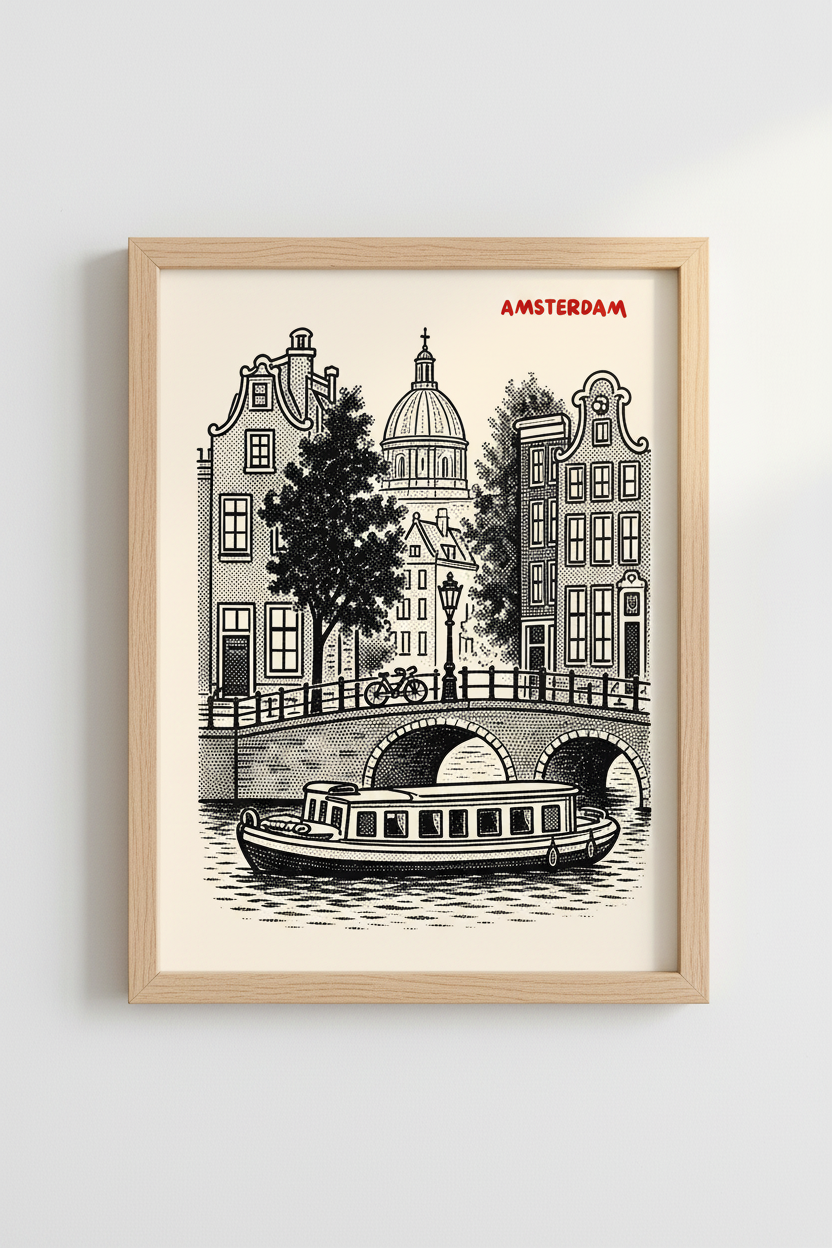 Minimal Amsterdam Wall Art Print | Living Room Decor | Monochrome Poster