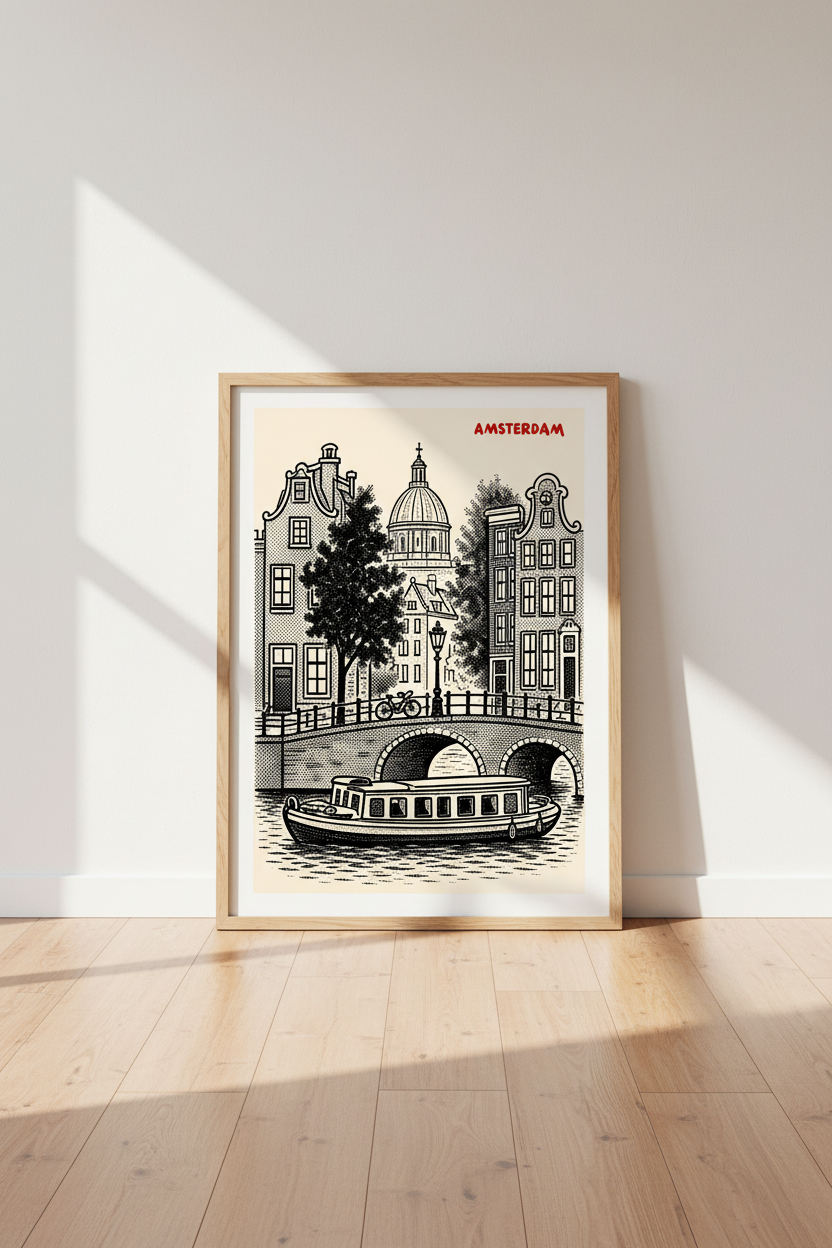 Minimal Amsterdam Wall Art Print | Living Room Decor | Monochrome Poster