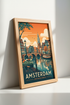 Amsterdam Canal Travel Poster | Retro Dutch Cityscape | Living Room Wall Art Print