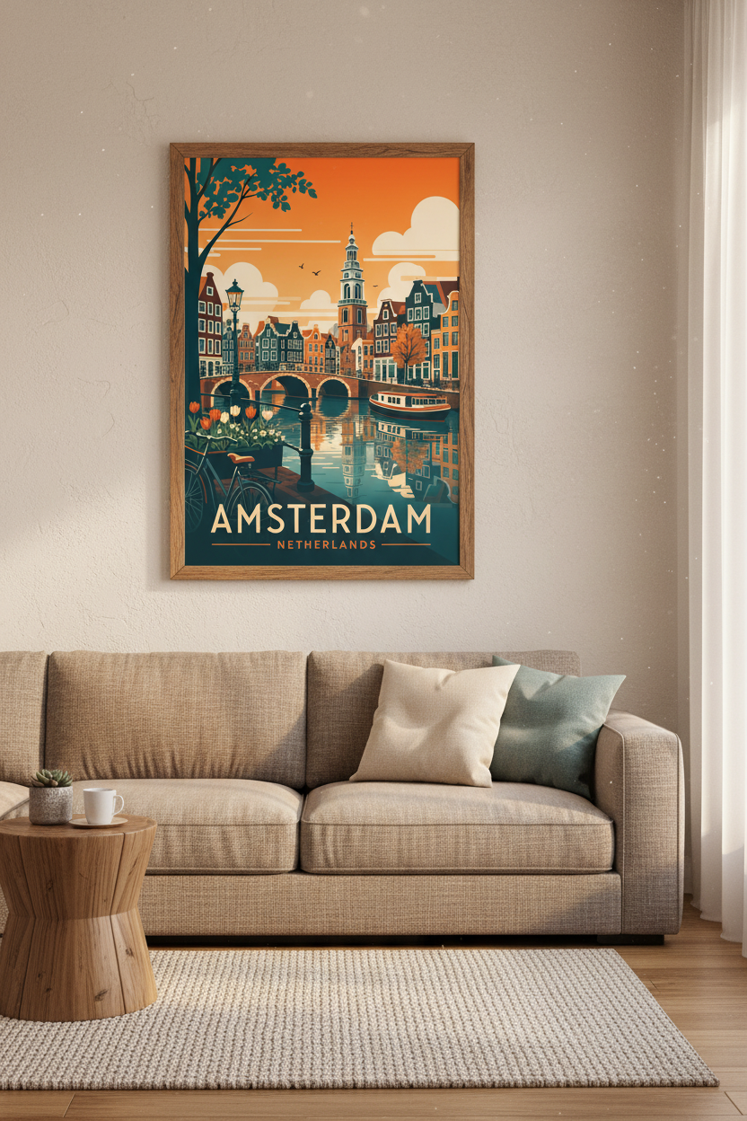 Amsterdam Canal Travel Poster | Retro Dutch Cityscape | Living Room Wall Art Print