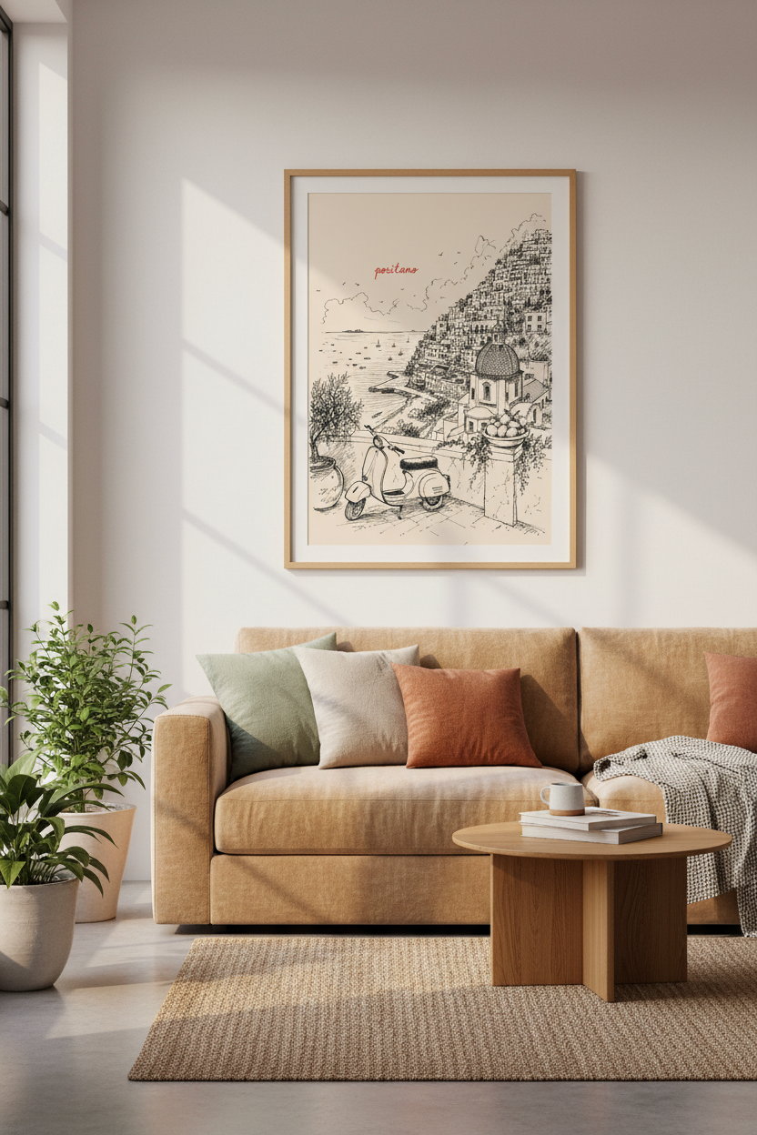 Italy Travel Poster | Positano Amalfi Coast Illustration, Minimalist Sketch Wall Art