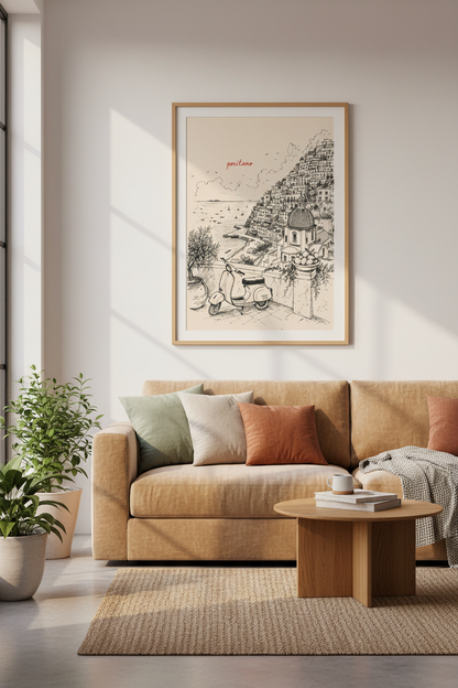 Italy Travel Poster | Positano Amalfi Coast Illustration, Minimalist Sketch Wall Art