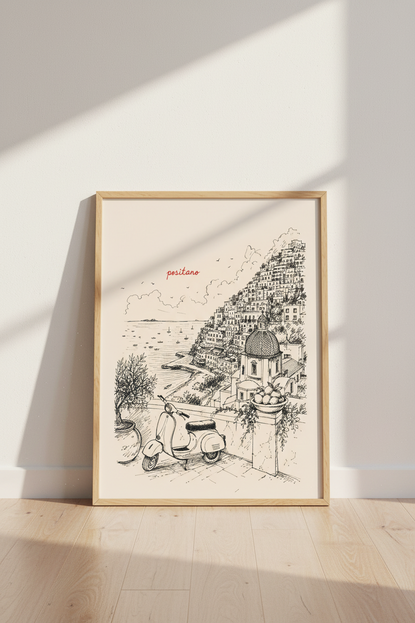 Italy Travel Poster | Positano Amalfi Coast Illustration, Minimalist Sketch Wall Art
