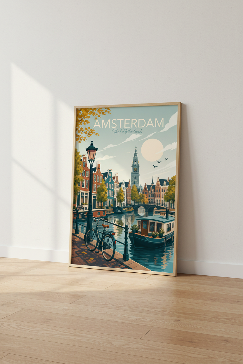 Amsterdam Travel Wall Art | Vintage Canal Poster, Living Room Decor