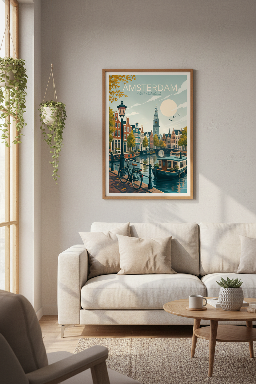 Amsterdam Travel Wall Art | Vintage Canal Poster, Living Room Decor