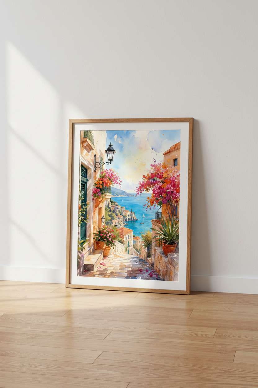 Italian Mediterranean Coast Watercolor Wall Art | Coastal Living Room Decor | Amalfi