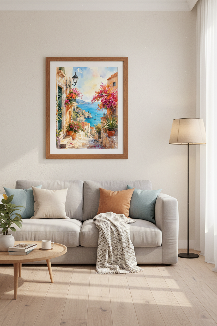 Italian Mediterranean Coast Watercolor Wall Art | Coastal Living Room Decor | Amalfi