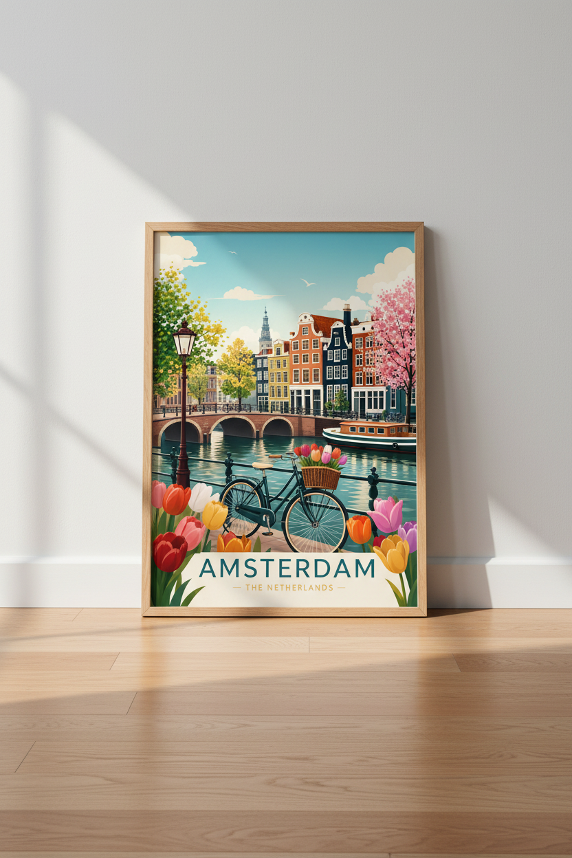 Amsterdam Travel Poster | Dutch Tulip Canal Scene, European City Wall Art