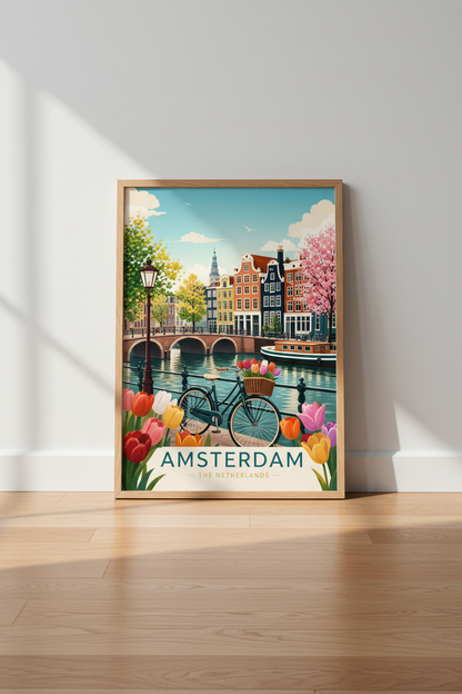 Amsterdam Travel Poster | Dutch Tulip Canal Scene, European City Wall Art