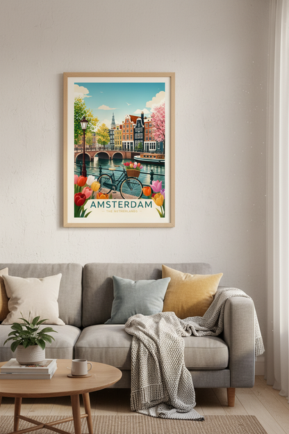 Amsterdam Travel Poster | Dutch Tulip Canal Scene, European City Wall Art