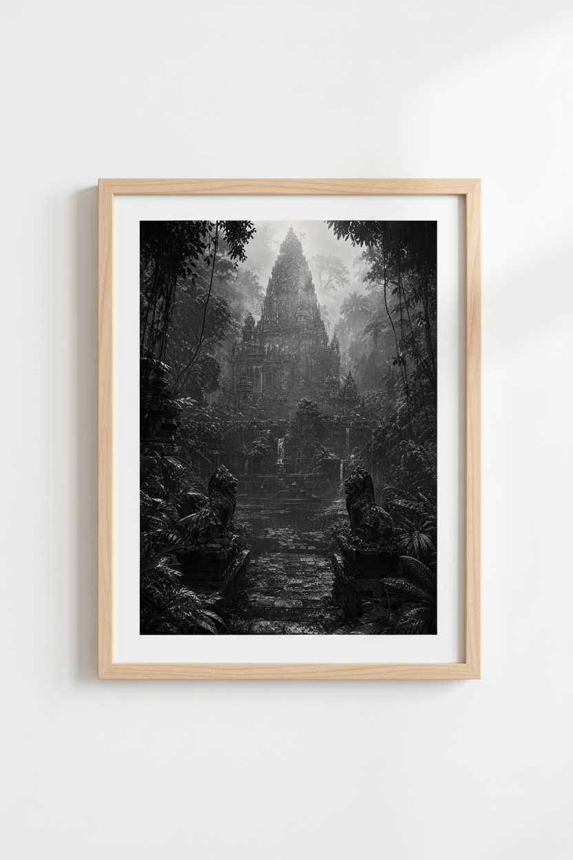 Dark Jungle Temple Print | Ancient Ruins Wall Art, Moody Black and White Poster