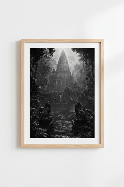 Dark Jungle Temple Print | Ancient Ruins Wall Art, Moody Black and White Poster