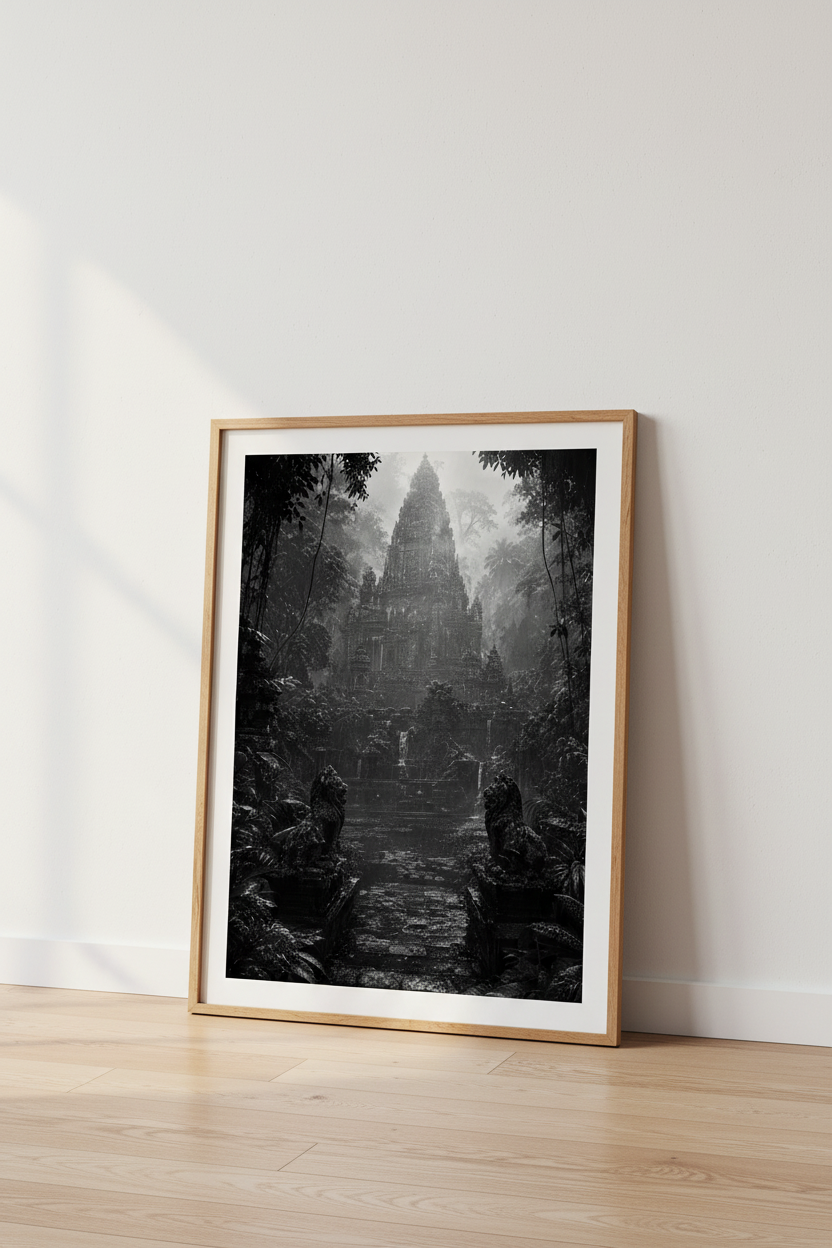 Dark Jungle Temple Print | Ancient Ruins Wall Art, Moody Black and White Poster