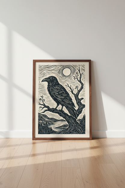 Raven Linocut Wall Art | Black Crow Woodcut Poster, Dark Academia Decor
