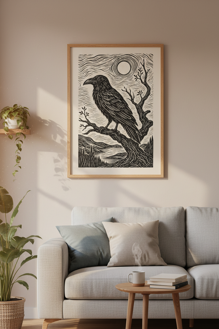 Raven Linocut Wall Art | Black Crow Woodcut Poster, Dark Academia Decor