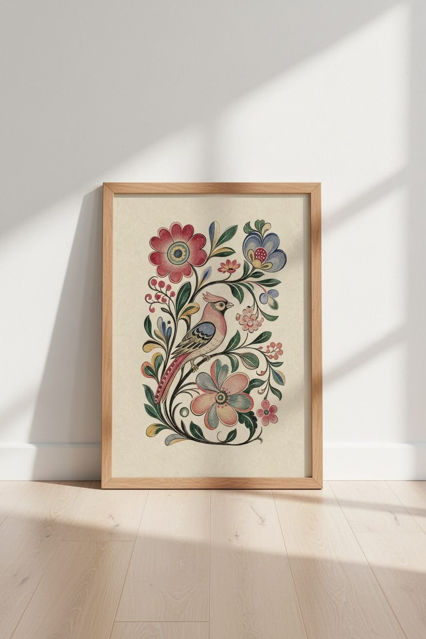 Folk Art Bird &amp; Floral Wall Art | Vintage Scandinavian Style, Farmhouse Decor