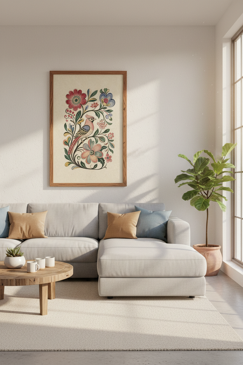 Folk Art Bird &amp; Floral Wall Art | Vintage Scandinavian Style, Farmhouse Decor