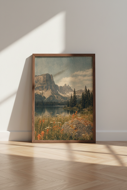 Mountain Lake Landscape | Vintage National Park Style, Rustic Cabin Wall Art