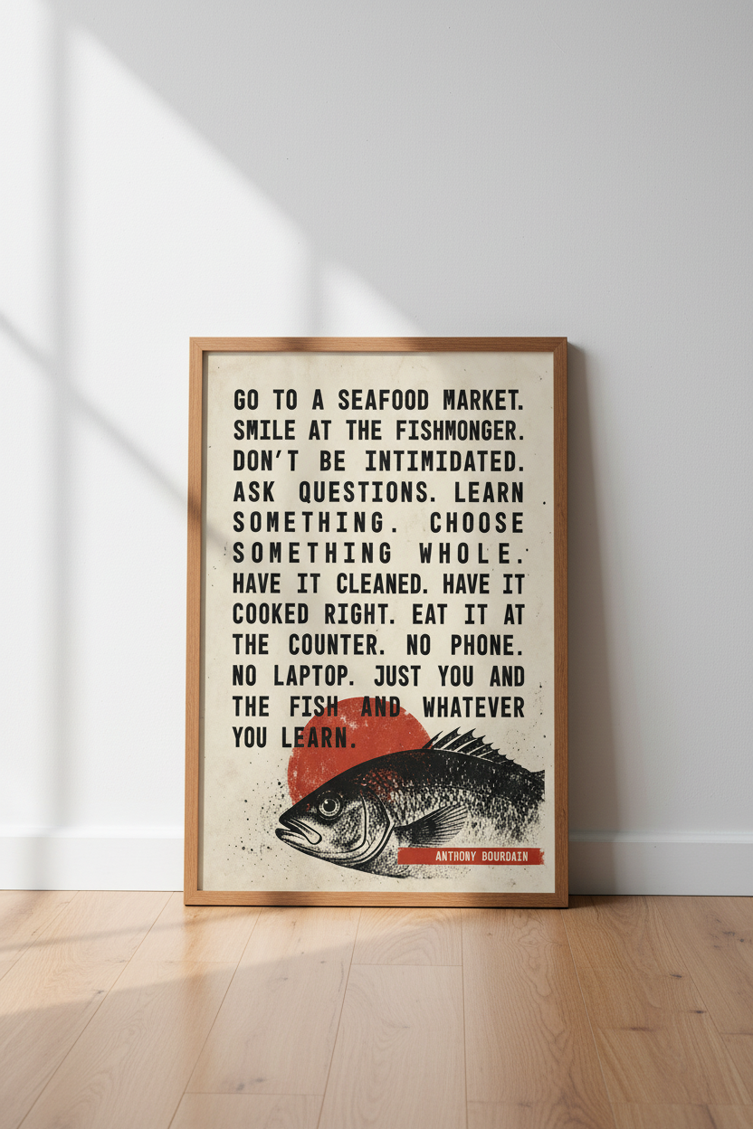 Anthony Bourdain Quote Wall Art | Kitchen Fish Poster | Retro Foodie Decor